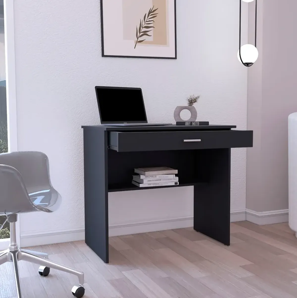 80 C Storage Desk, Compact Workstation with Drawer and Lower Shelf-Black