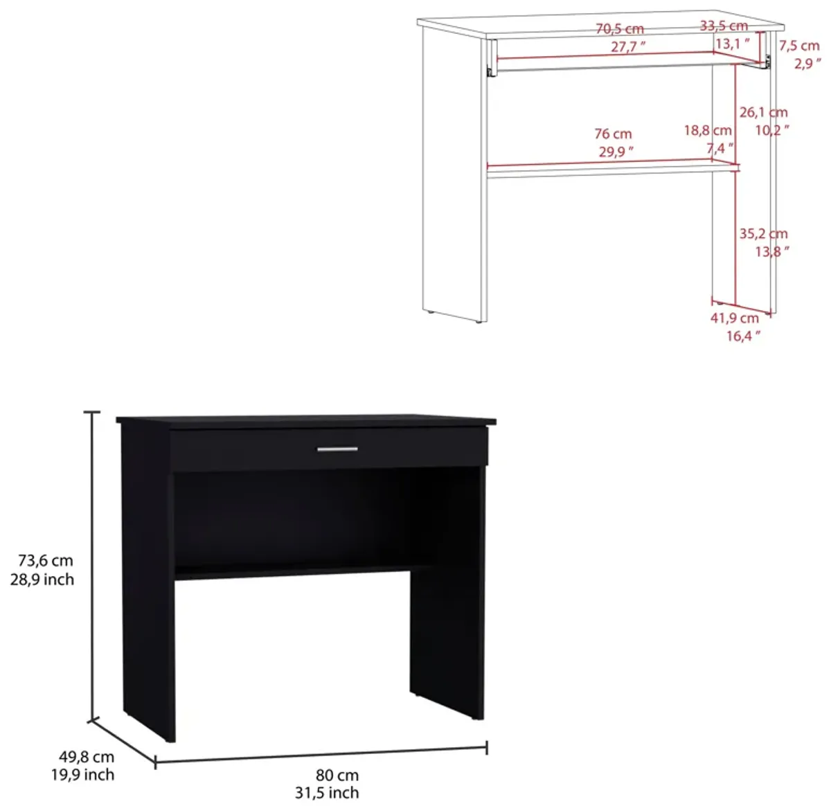 80 C Storage Desk, Compact Workstation with Drawer and Lower Shelf-Black