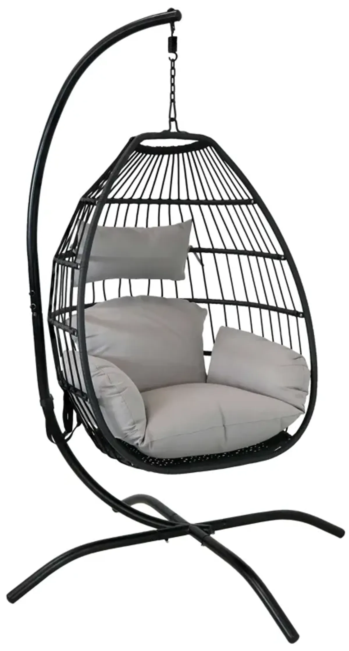 Sunnydaze Resin Wicker Hanging Egg Chair with Steel Stand/Cushions - Gray