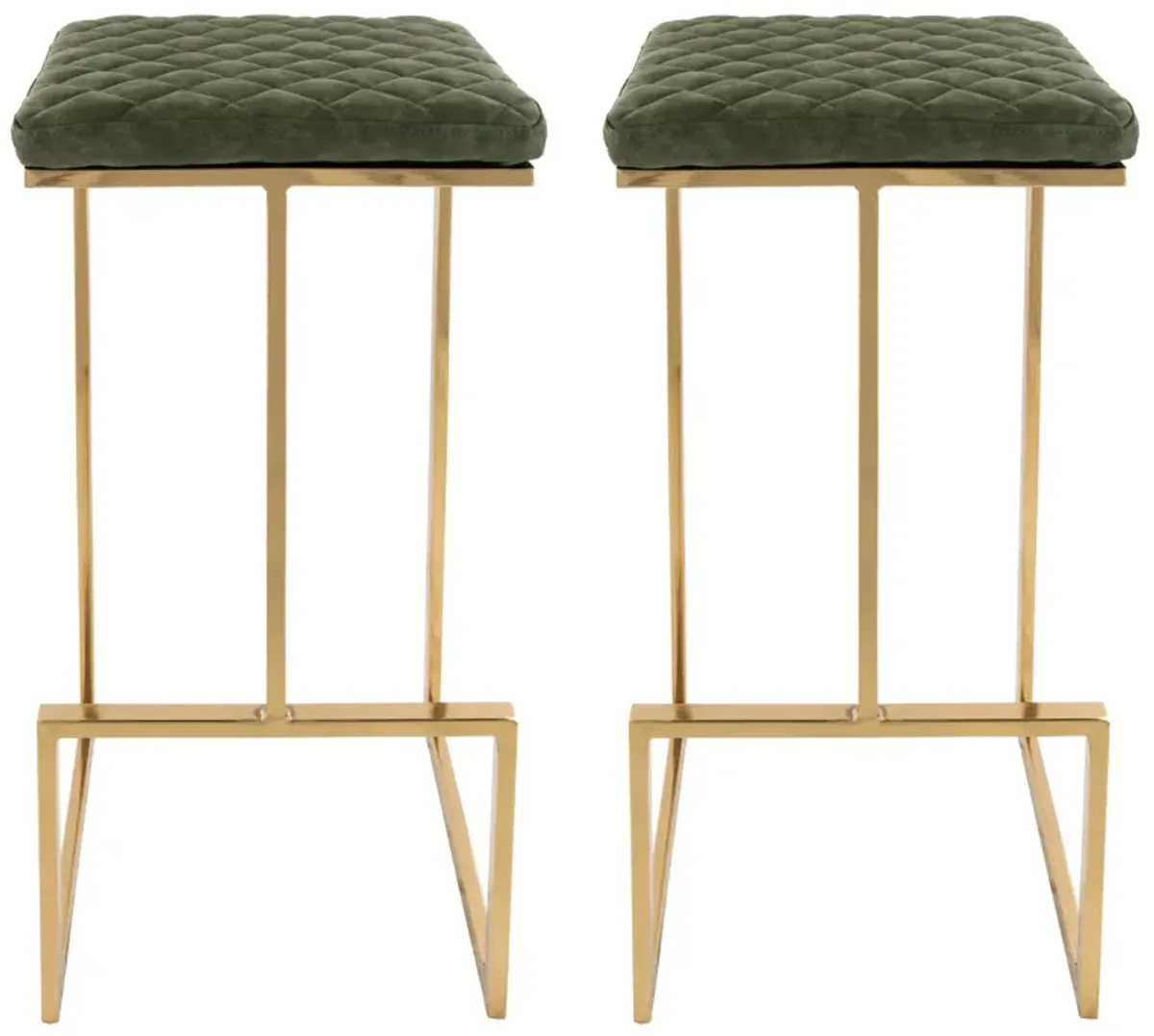 LeisureMod Quincy Stitched Leather Gold Metal Bar Stools set 2 in Light Brown