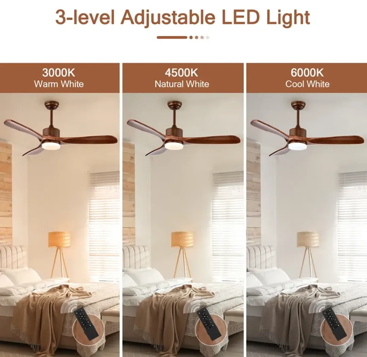 52 Inch Reversible Ceiling Fan with LED Light and Adjustable Temperature