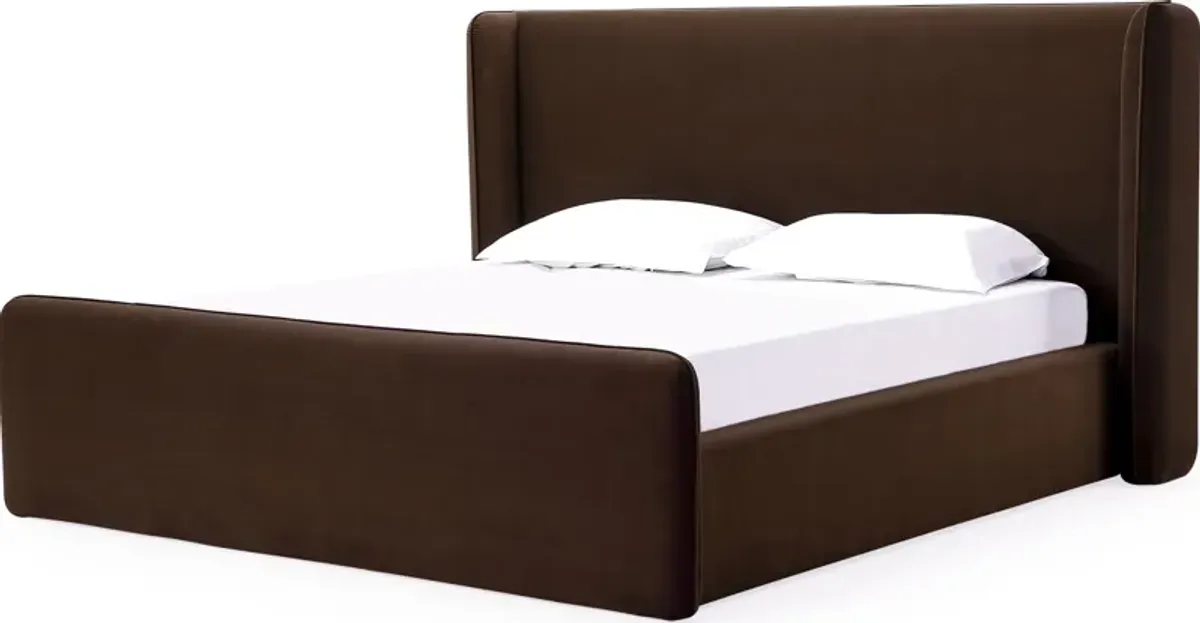 Bacall King-size Velvet Upholstered Wingback Platform Bed in Cola