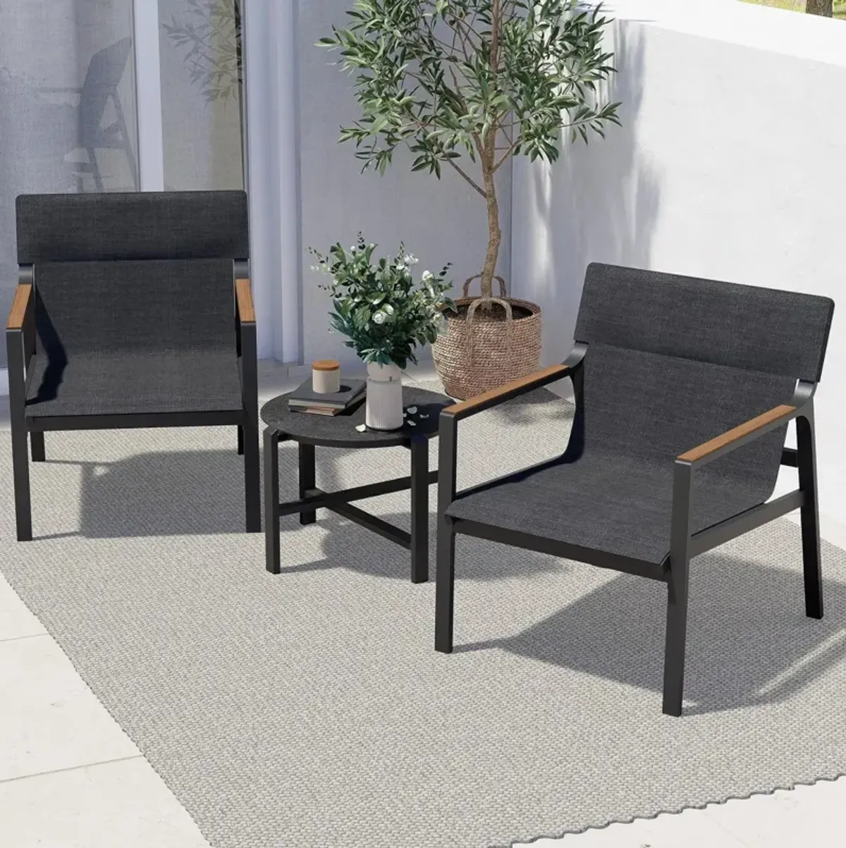 MONDAWE Mesh Sling Armchairs, Conversation Set with Side Table,  Aluminum Frame (Set of 3)