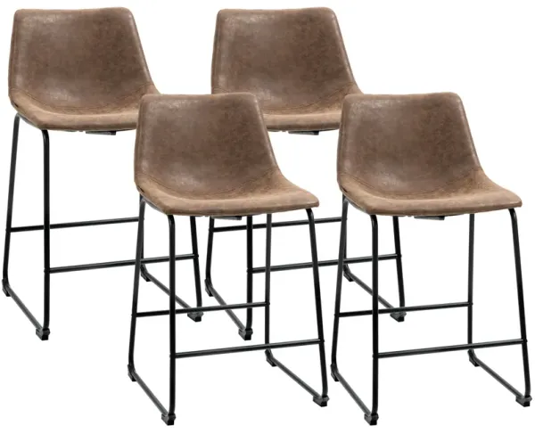 Vintage Brown Bar Chairs: Set of 4 PU Leather Counter Height Stools