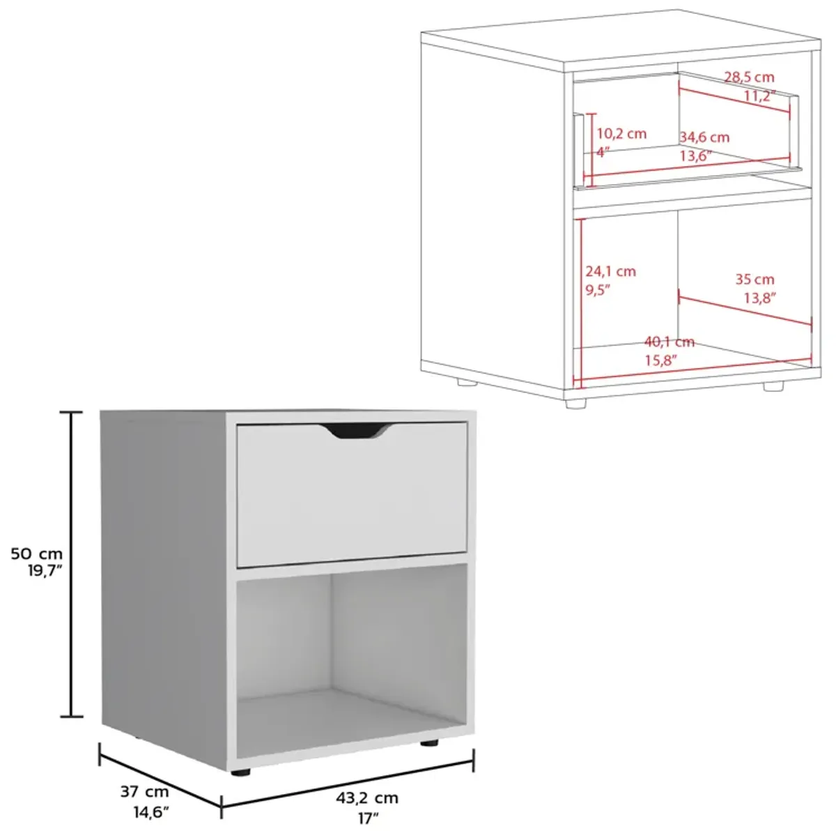 Aberdeeen 19.7-Inch High Nightstand End Table with Open Shelf