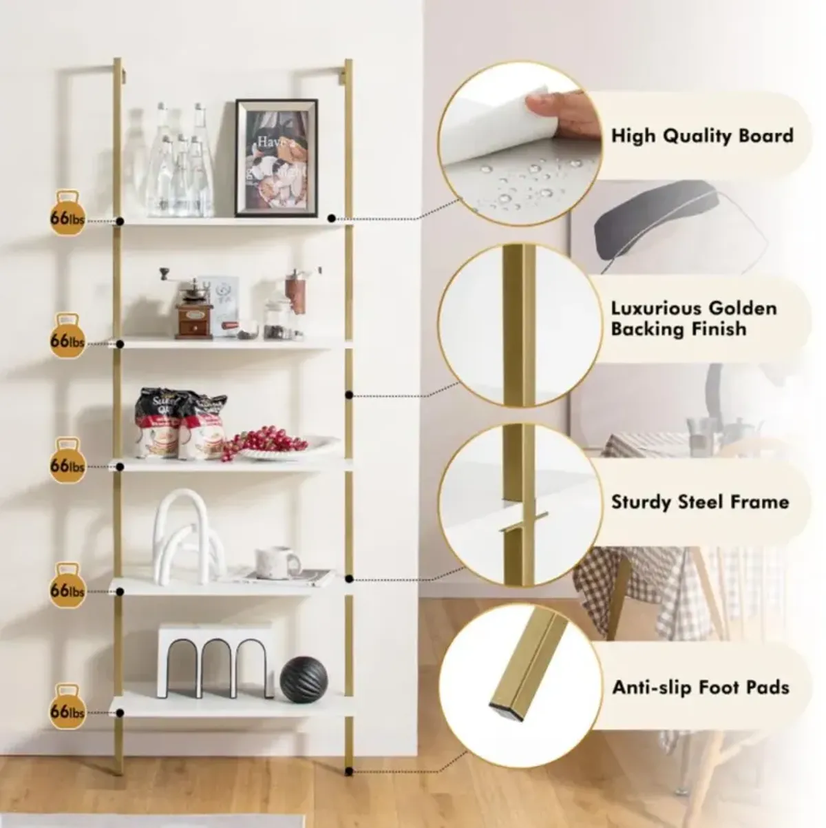 Hivvago 5 Tier Ladder Shelf Wall-Mounted Bookcase with Steel Frame-Golden