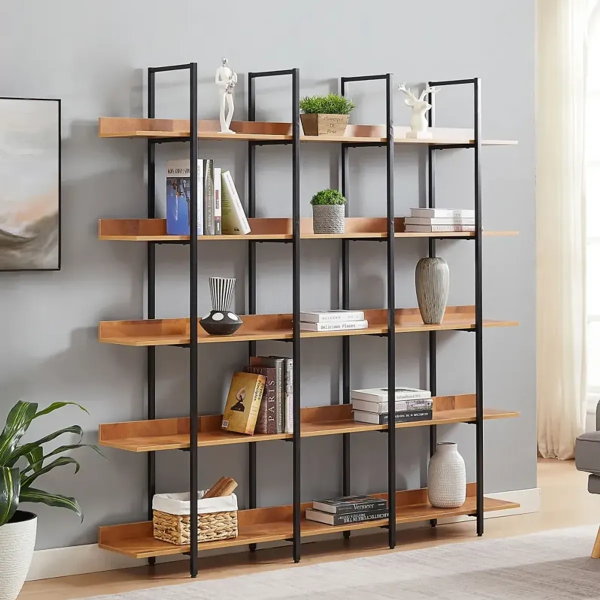 5 Tier Bookcase Home Office Open Bookshelf, Vintage Industrial Style Shelf, MDF Board, Metal Frame
