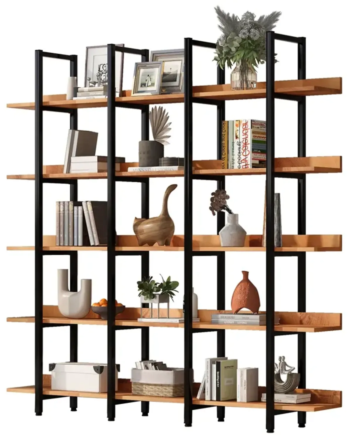 5 Tier Bookcase Home Office Open Bookshelf, Vintage Industrial Style Shelf, MDF Board, Metal Frame