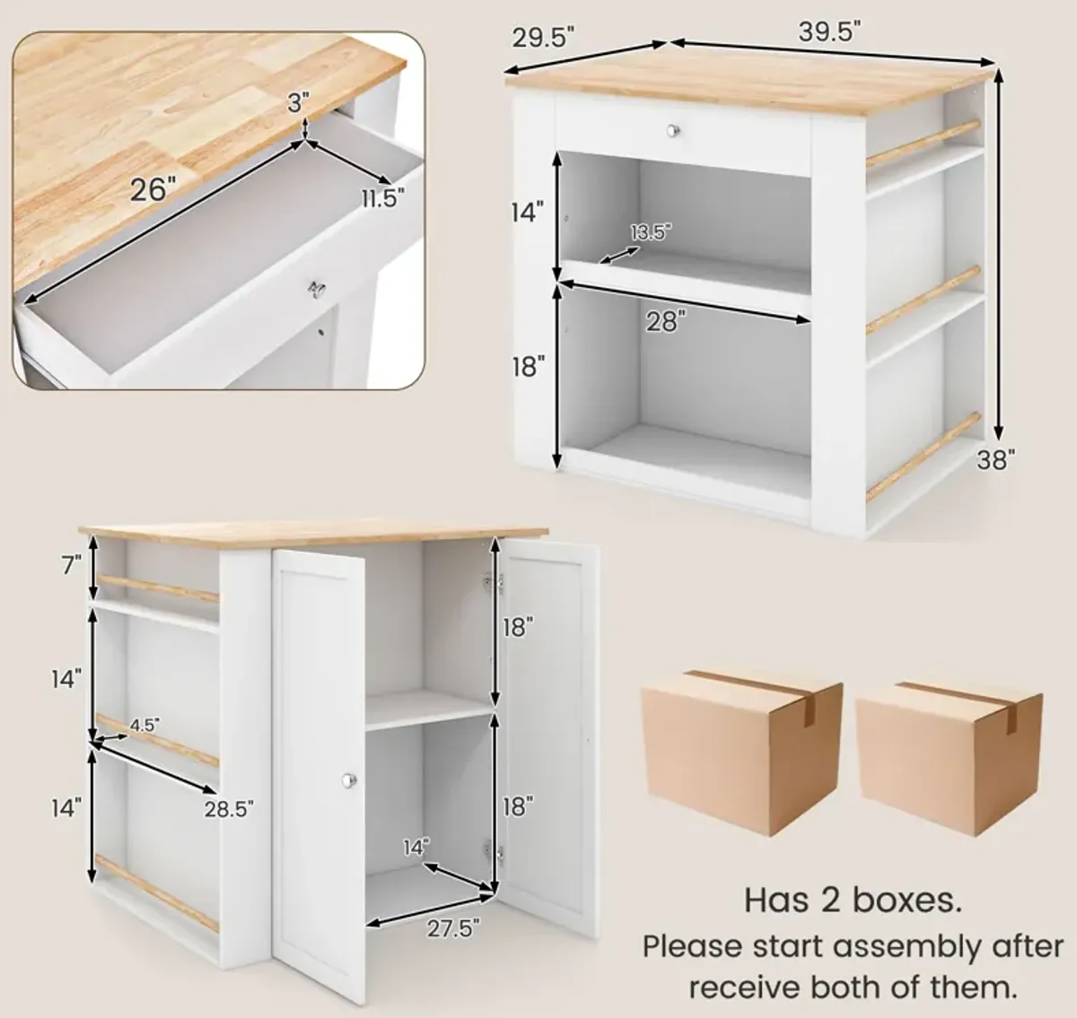 Modern Kitchen Island with Rubber Wood Countertop and Storage-White