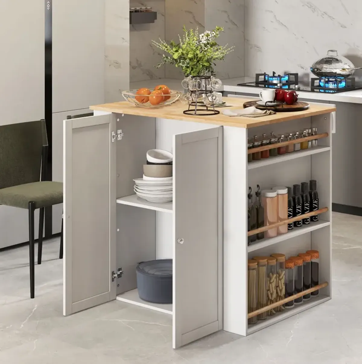 Modern Kitchen Island with Rubber Wood Countertop and Storage-White