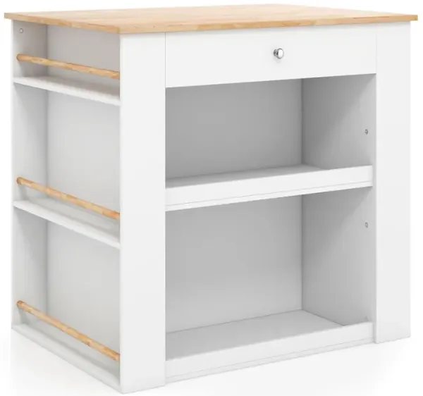 Modern Kitchen Island with Rubber Wood Countertop and Storage-White