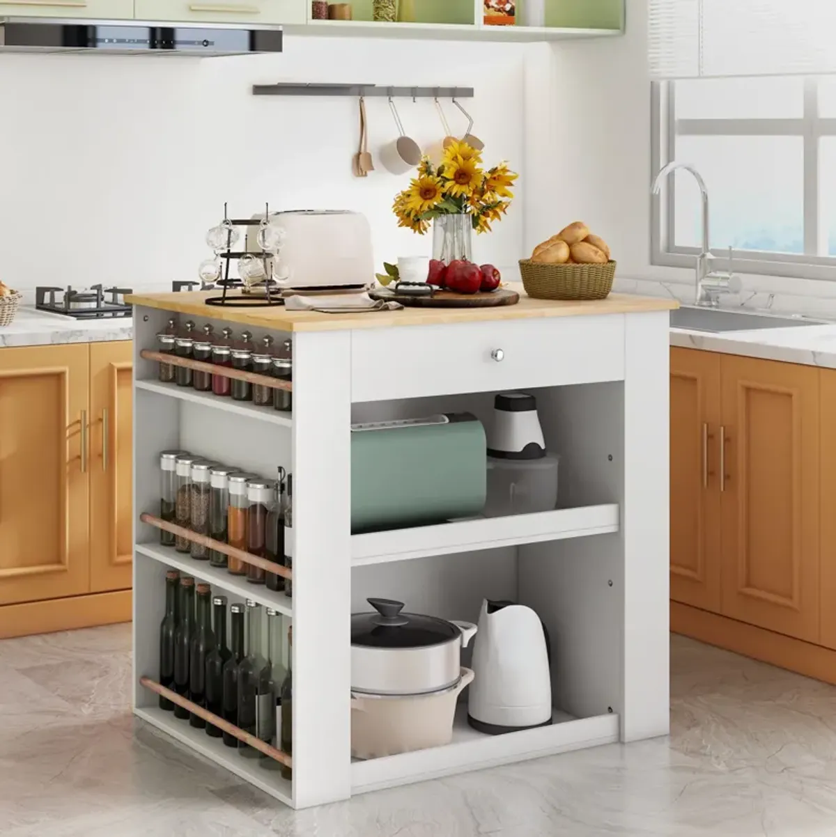 Modern Kitchen Island with Rubber Wood Countertop and Storage-White