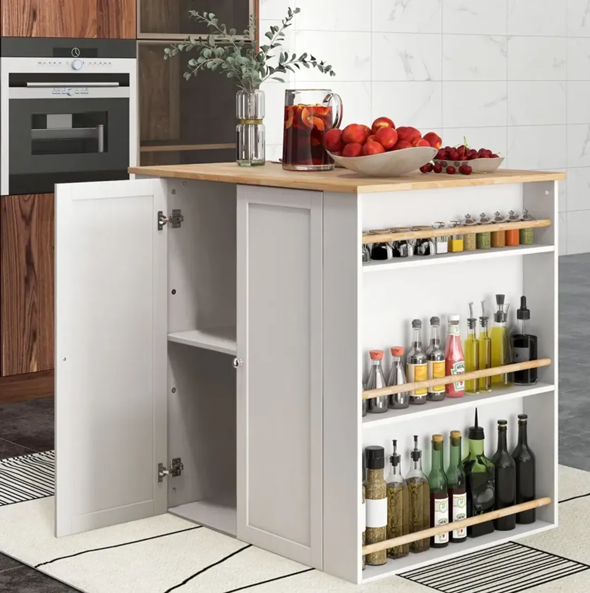 Modern Kitchen Island with Rubber Wood Countertop and Storage-White