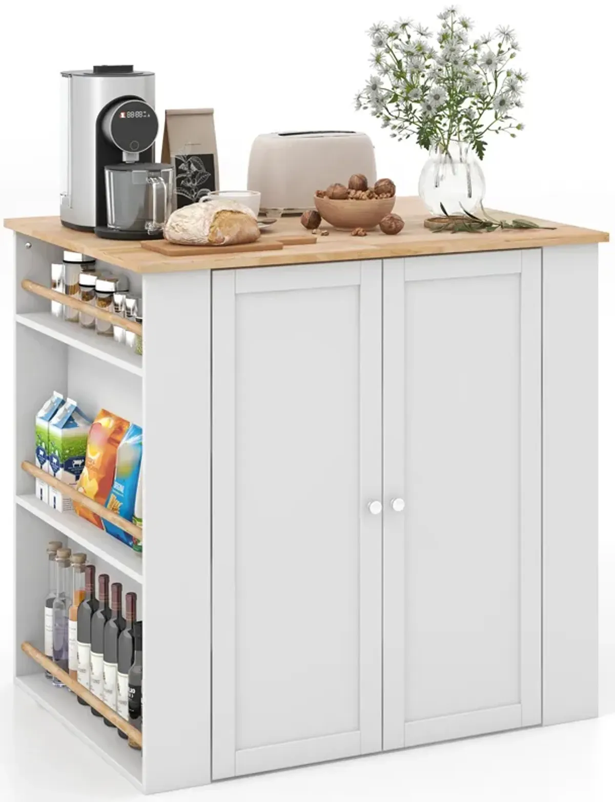 Modern Kitchen Island with Rubber Wood Countertop and Storage-White