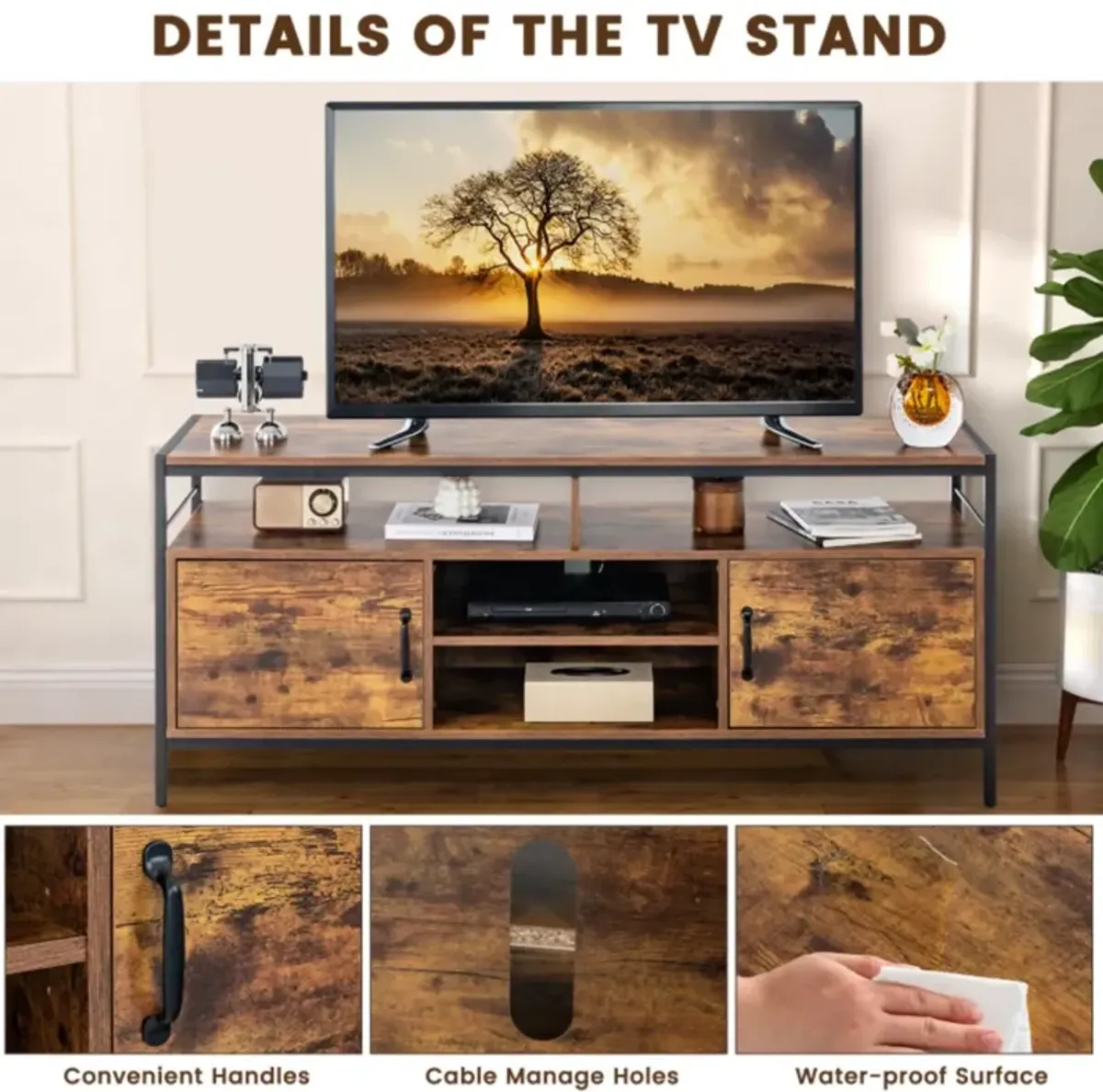 Hivvago 58 Inch Industrial TV Stand with Cabinets and Adjustable Shelf for TVs up to 65 Inch-Rustic Brwon