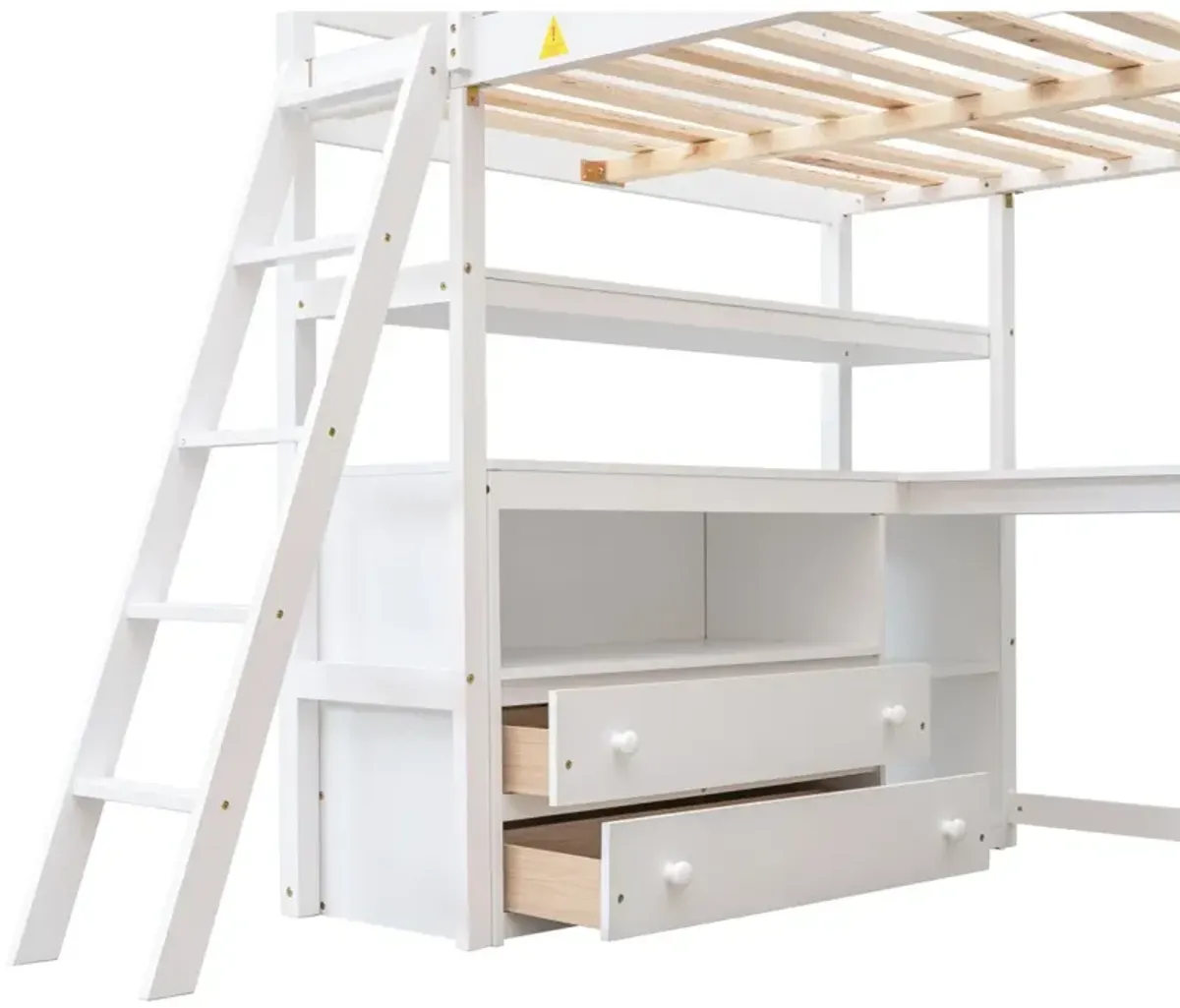 Full Size Loft Bed With Desk And Shelves, Two Built-In Drawers