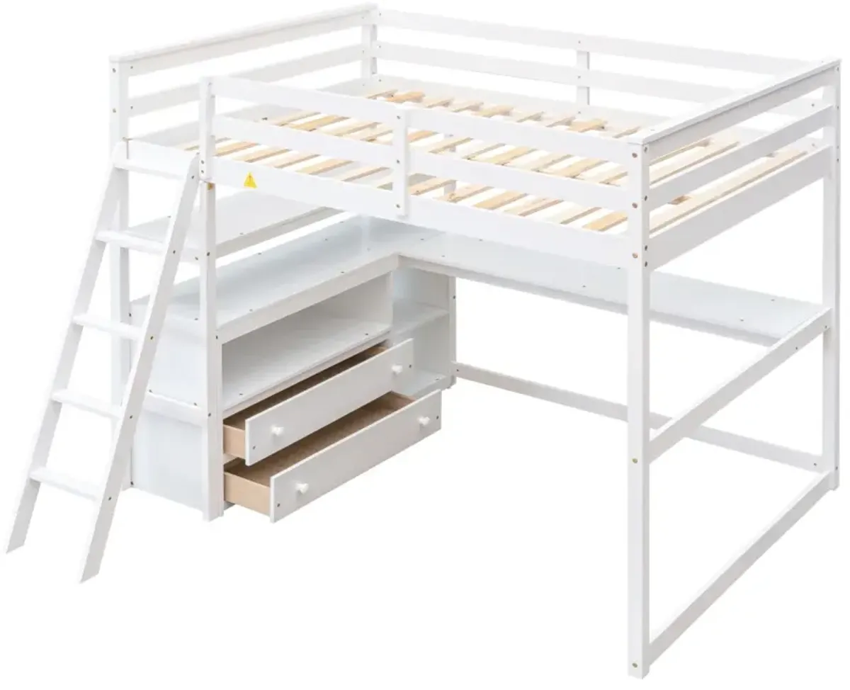 Full Size Loft Bed With Desk And Shelves, Two Built-In Drawers