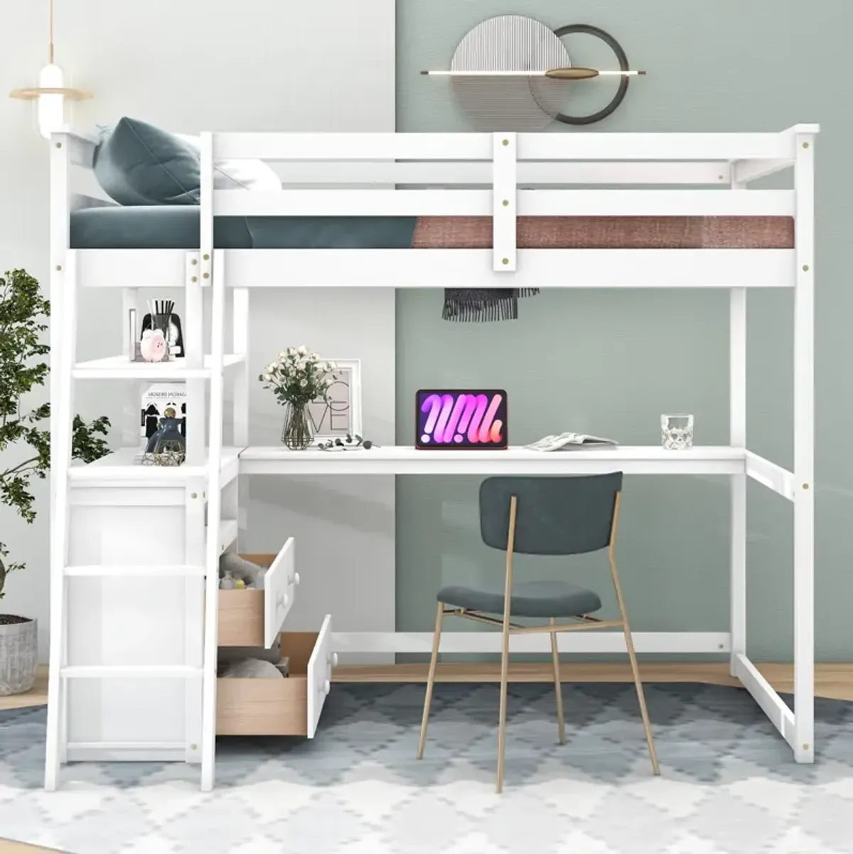 Full Size Loft Bed With Desk And Shelves, Two Built-In Drawers