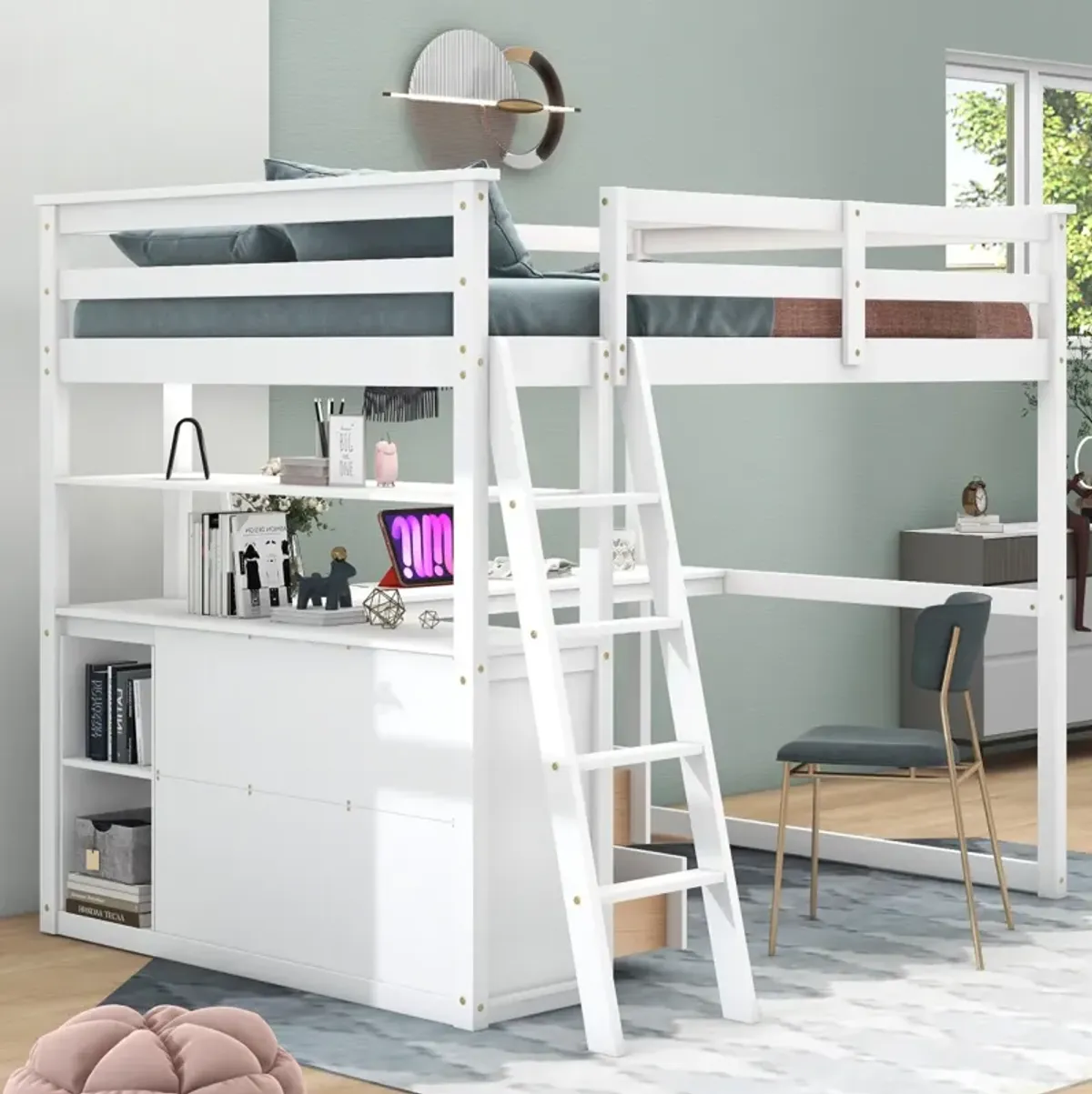 Full Size Loft Bed With Desk And Shelves, Two Built-In Drawers