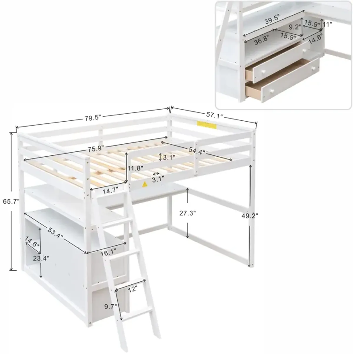 Full Size Loft Bed With Desk And Shelves, Two Built-In Drawers