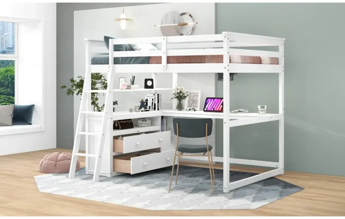 Full Size Loft Bed With Desk And Shelves, Two Built-In Drawers