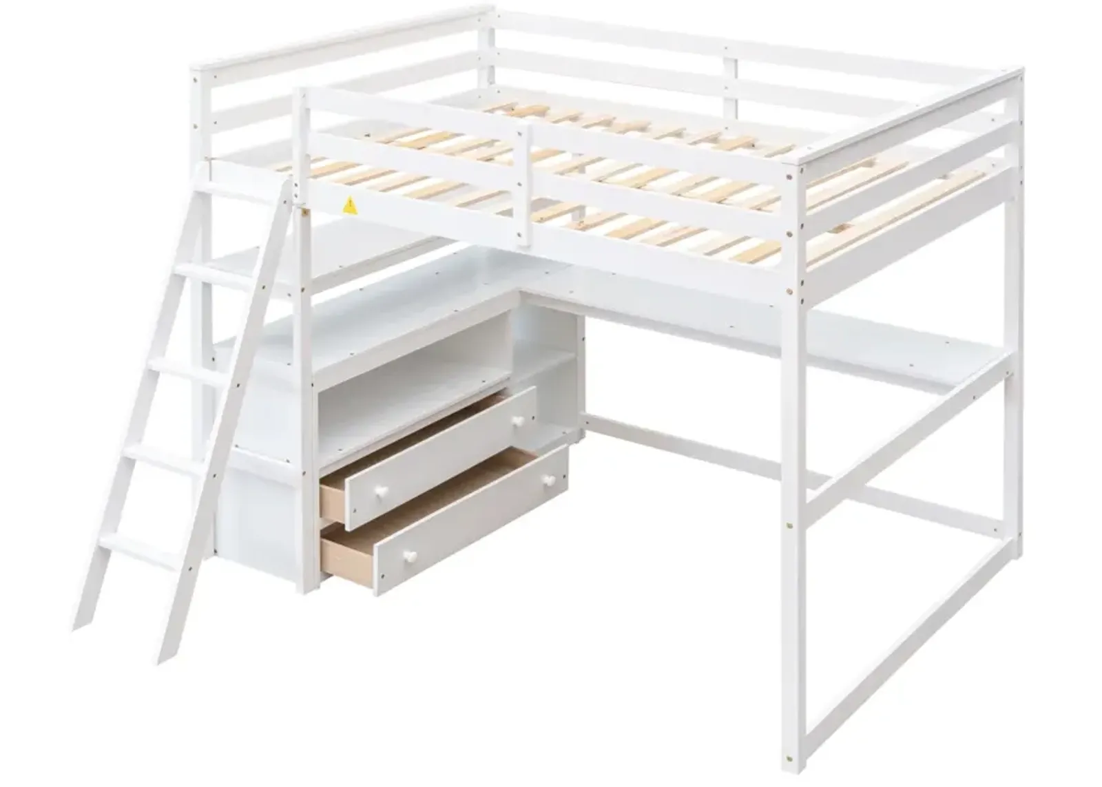 Full Size Loft Bed With Desk And Shelves, Two Built-In Drawers