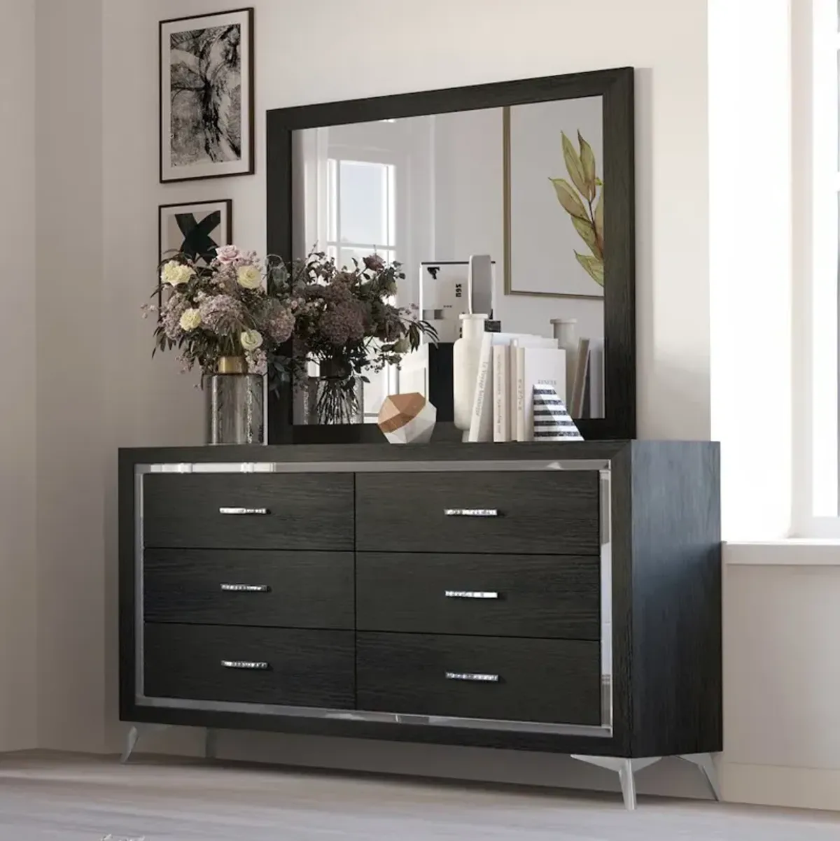 New Classic Furniture Huxley Wood 6-Drawer Dresser with Mirror, Black