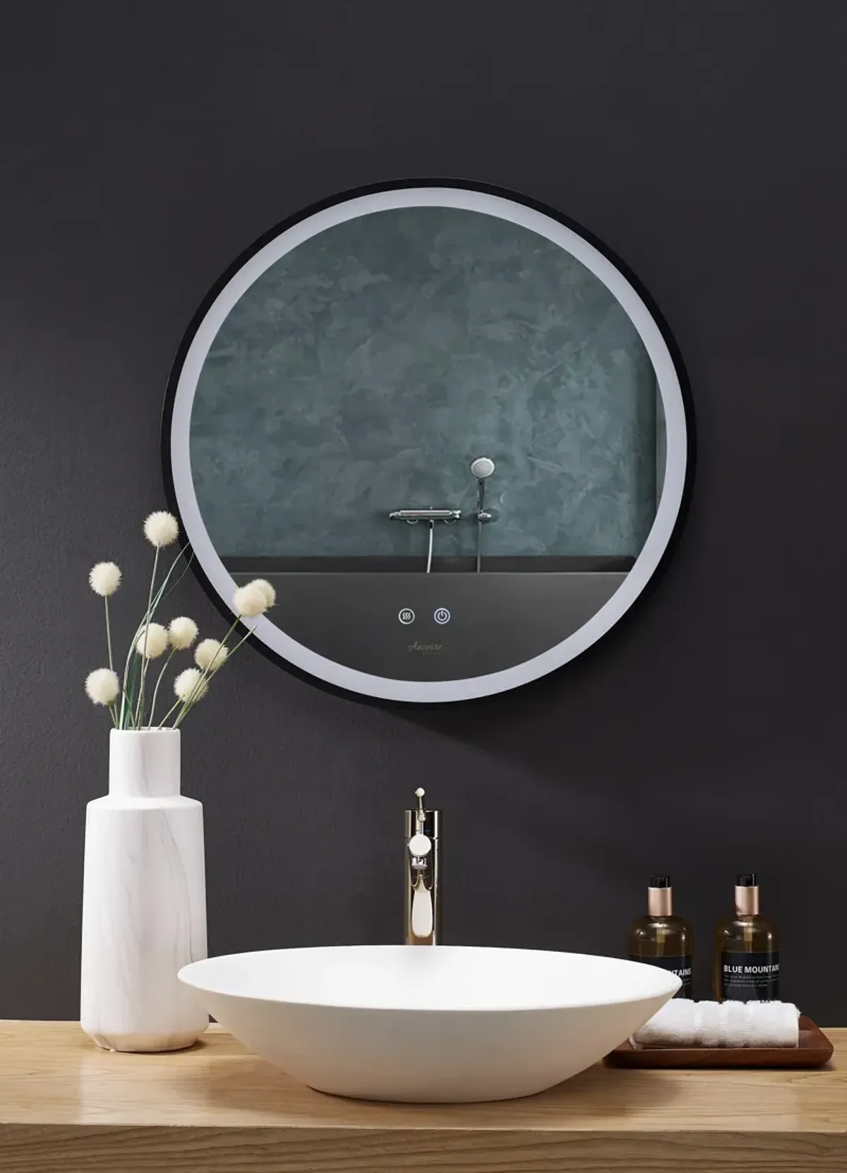 CIRQUE Round LED Black Framed Mirror with Defogger and Dimmer