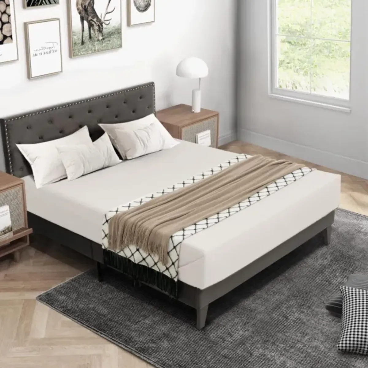 Hivvago Upholstered Platform Bed with Tufted Headboard