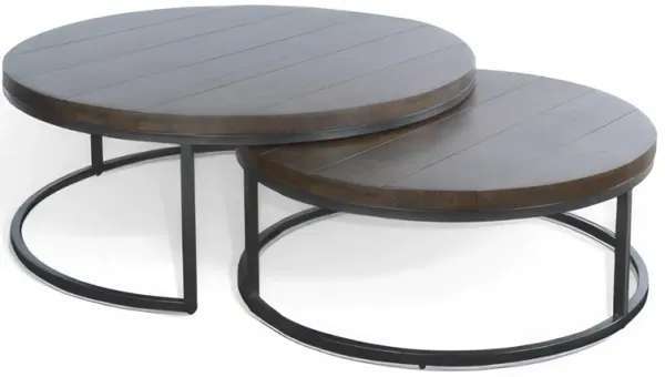 Rena 2 Piece Nesting Coffee Tables, Dark Brown Mahogany, Black Metal - Benzara