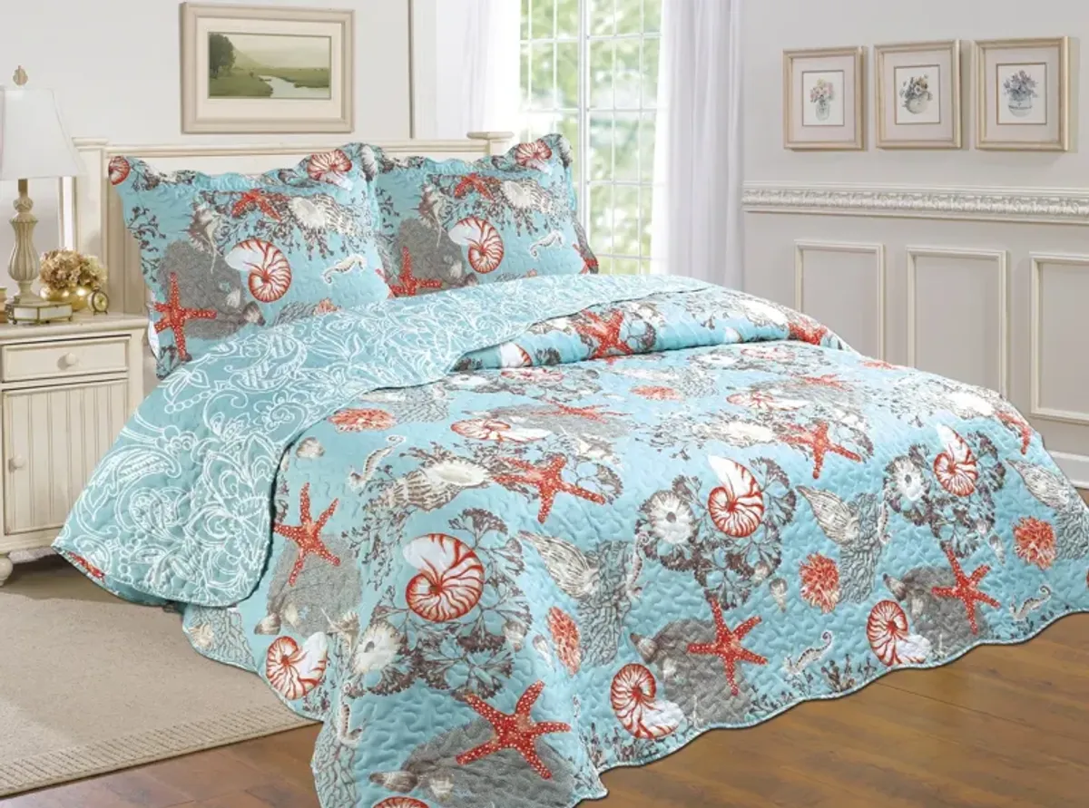 3-Piece Blue & Coral Cotton Blend Reversible Quilt Set