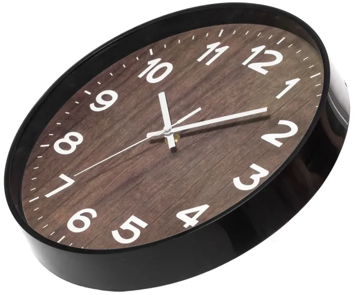 Decorative Modern Round Wood- Looking Plastic Wall Clock for Living Room, Kitchen, or Dining Room, Brown