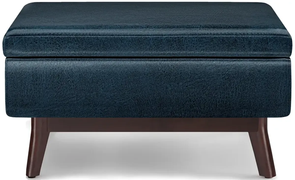 Owen Coffee Table Storage Ottoman in Distressed Dark Blue Faux Leather
