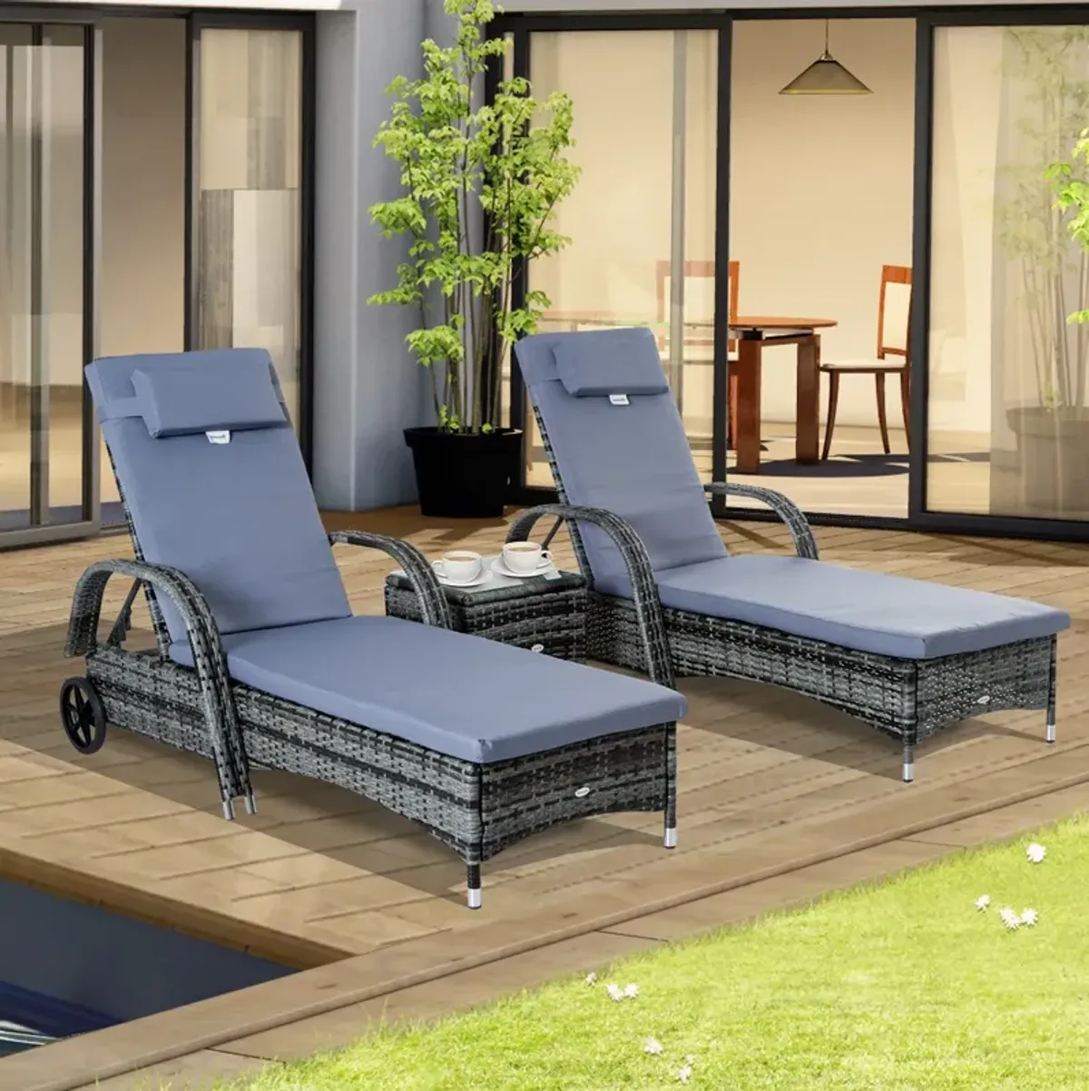 Gray Outdoor Relaxation: 3-Piece Wicker Chaise Lounge Set with Table