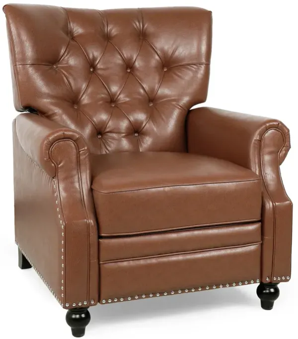 Recliner Chair, Turned Legs, Light Brown Button Tufted Faux Leather - Benzara
