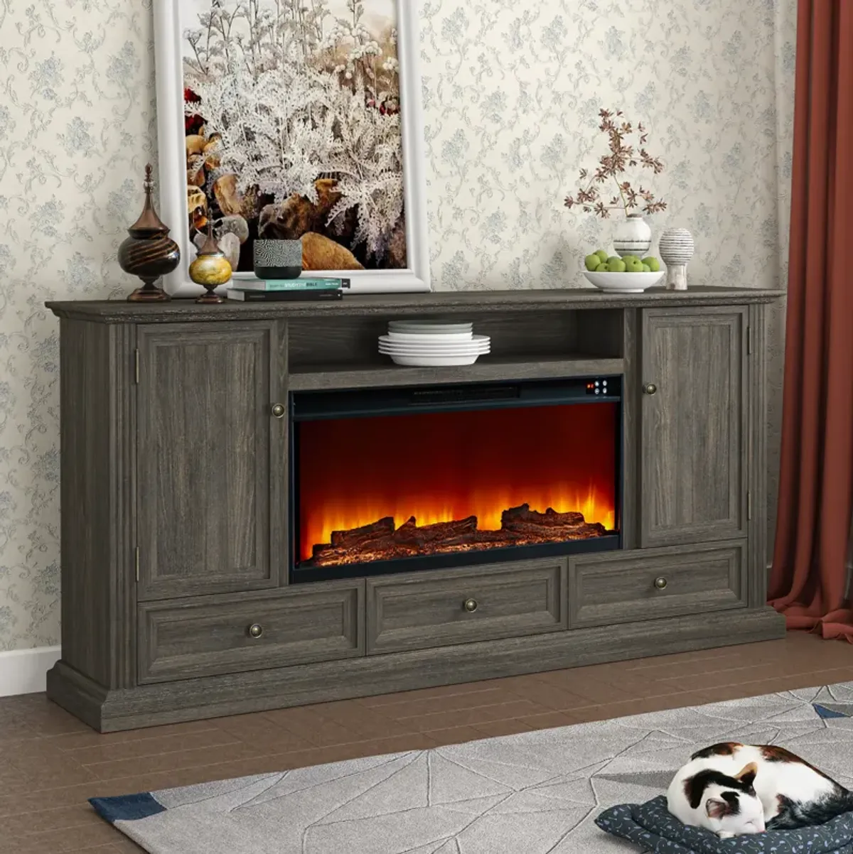 FESTIVO Farmhouse 72" TV Stand with Fireplace - Accommodates up to 75" TV