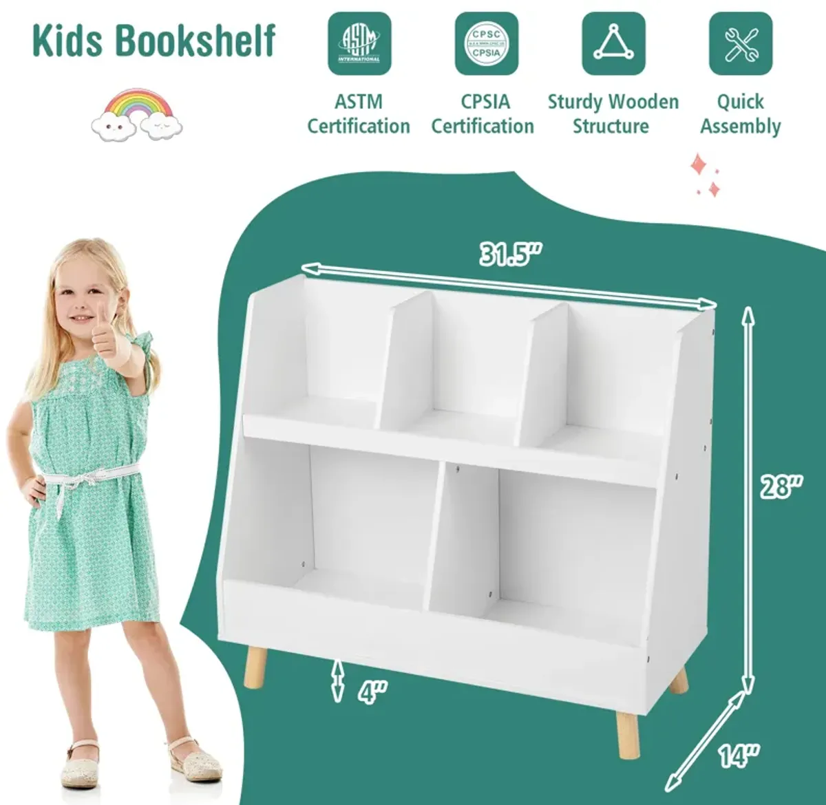 5-Cube Kids Bookshelf and Toy Organizer with Anti-Tipping Kits-White