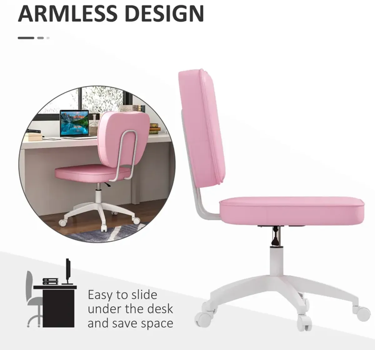 Vinsetto Cute Armless Office Chair, Small PU Leather Computer Desk Chair, Vanity Task Chair with Adjustable Height, Swivel Wheels, Mid Back, Pink