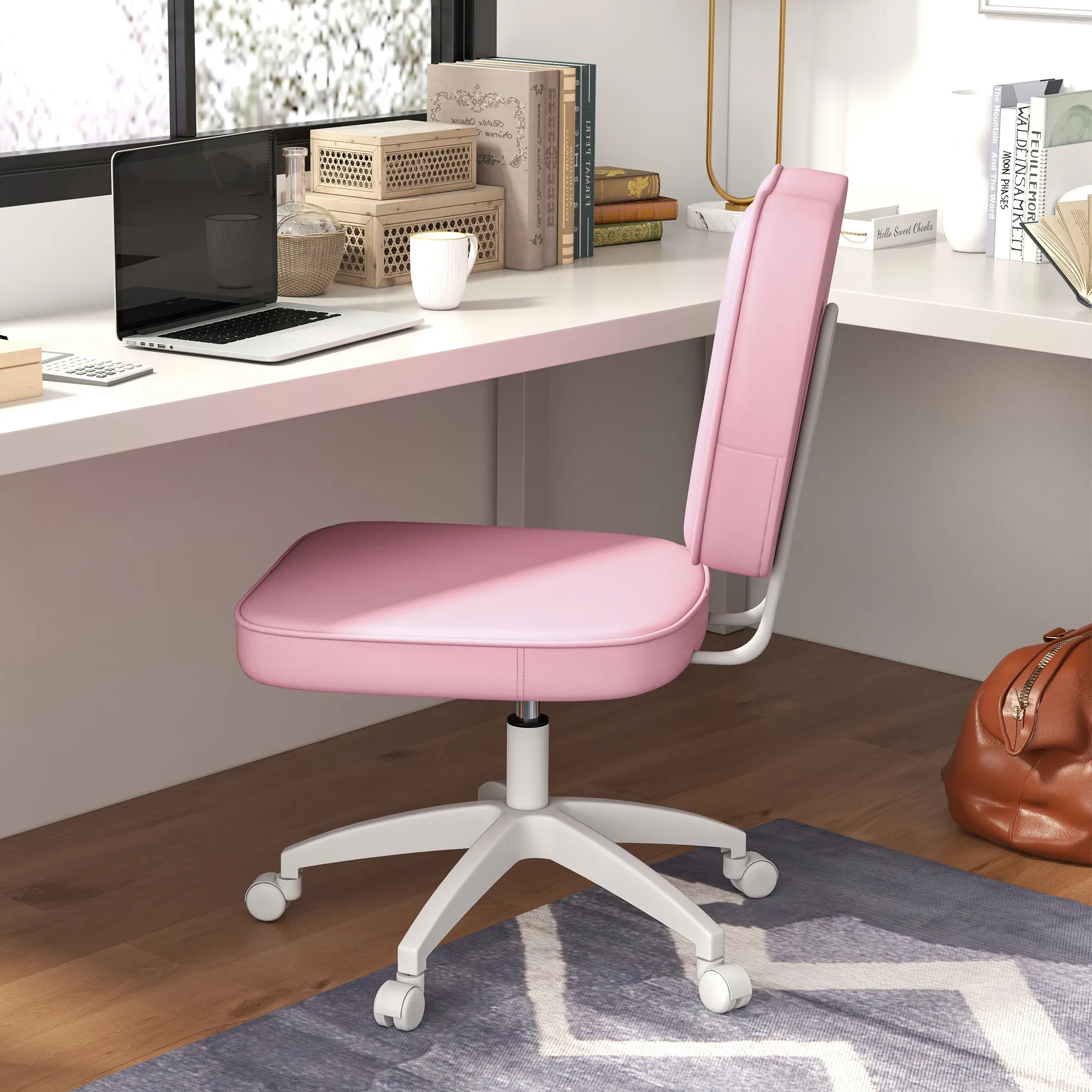 Vinsetto Cute Armless Office Chair, Small PU Leather Computer Desk Chair, Vanity Task Chair with Adjustable Height, Swivel Wheels, Mid Back, Pink