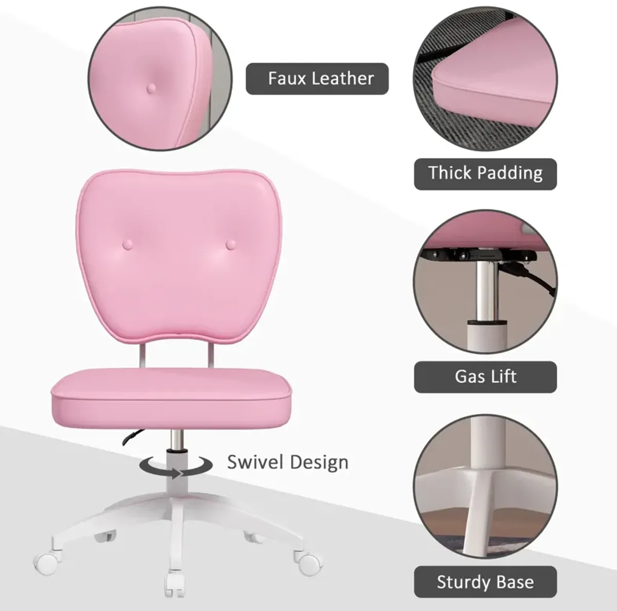 Vinsetto Cute Armless Office Chair, Small PU Leather Computer Desk Chair, Vanity Task Chair with Adjustable Height, Swivel Wheels, Mid Back, Pink