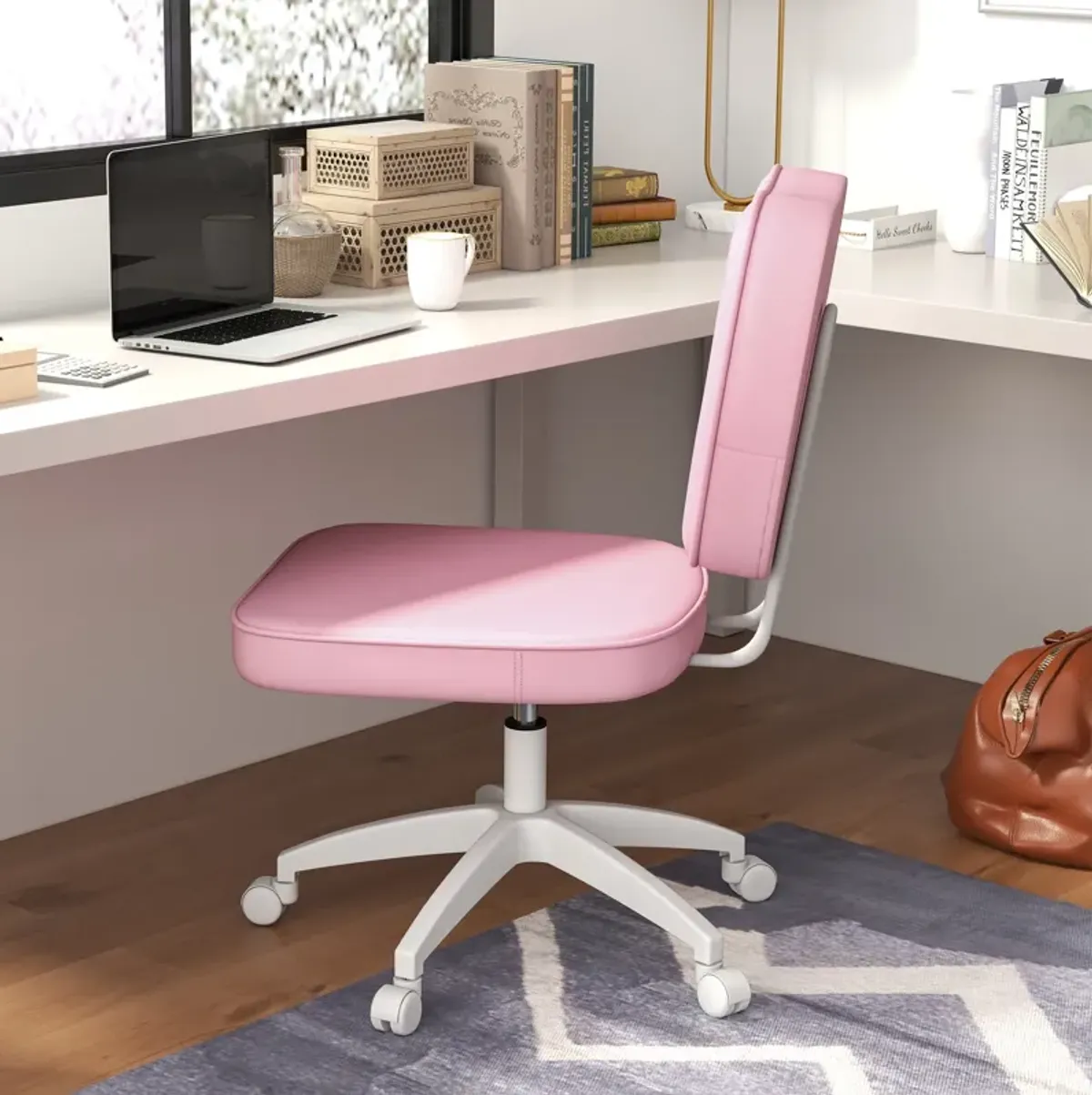 Vinsetto Cute Armless Office Chair, Small PU Leather Computer Desk Chair, Vanity Task Chair with Adjustable Height, Swivel Wheels, Mid Back, Pink