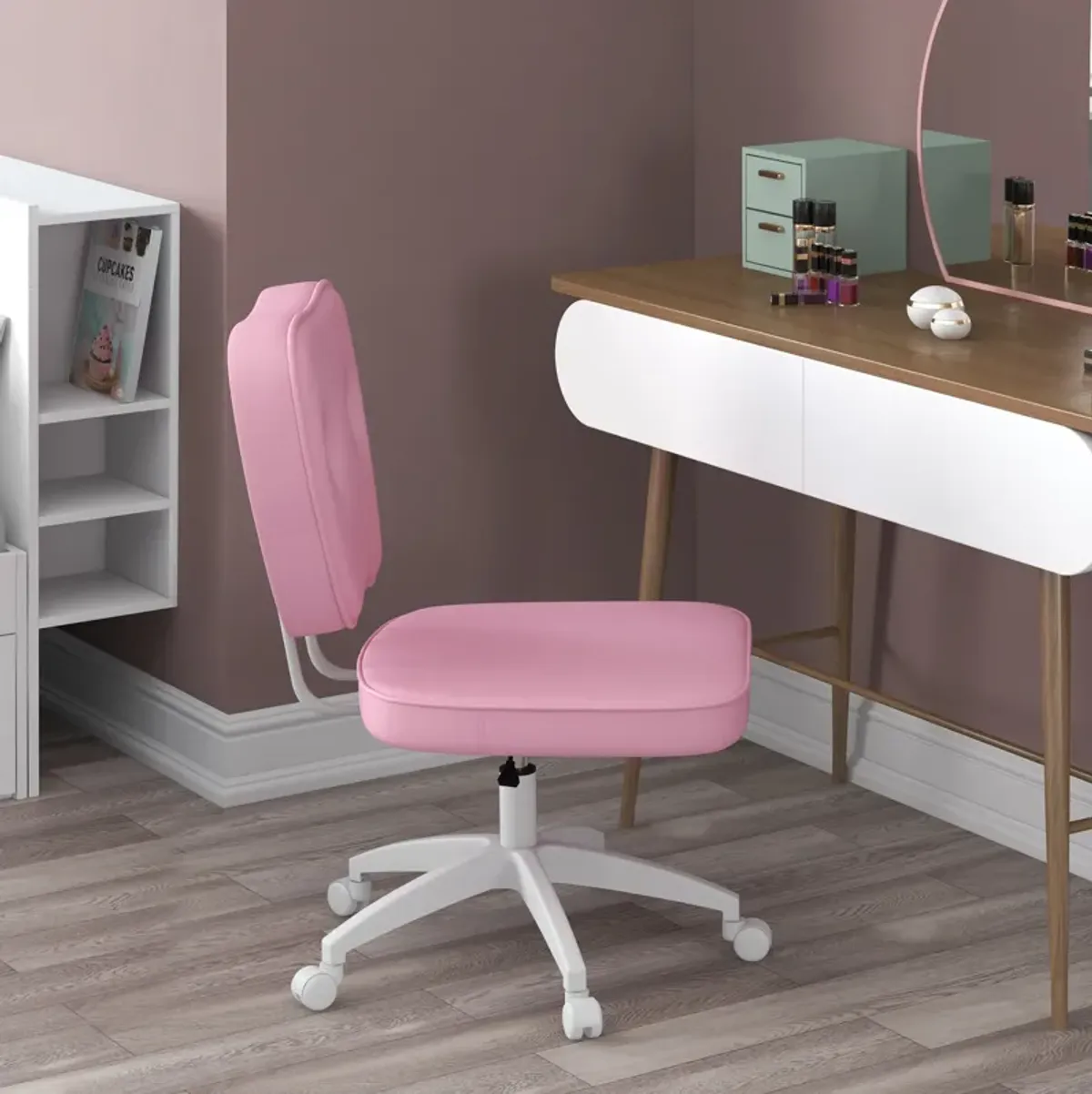 Vinsetto Cute Armless Office Chair, Small PU Leather Computer Desk Chair, Vanity Task Chair with Adjustable Height, Swivel Wheels, Mid Back, Pink