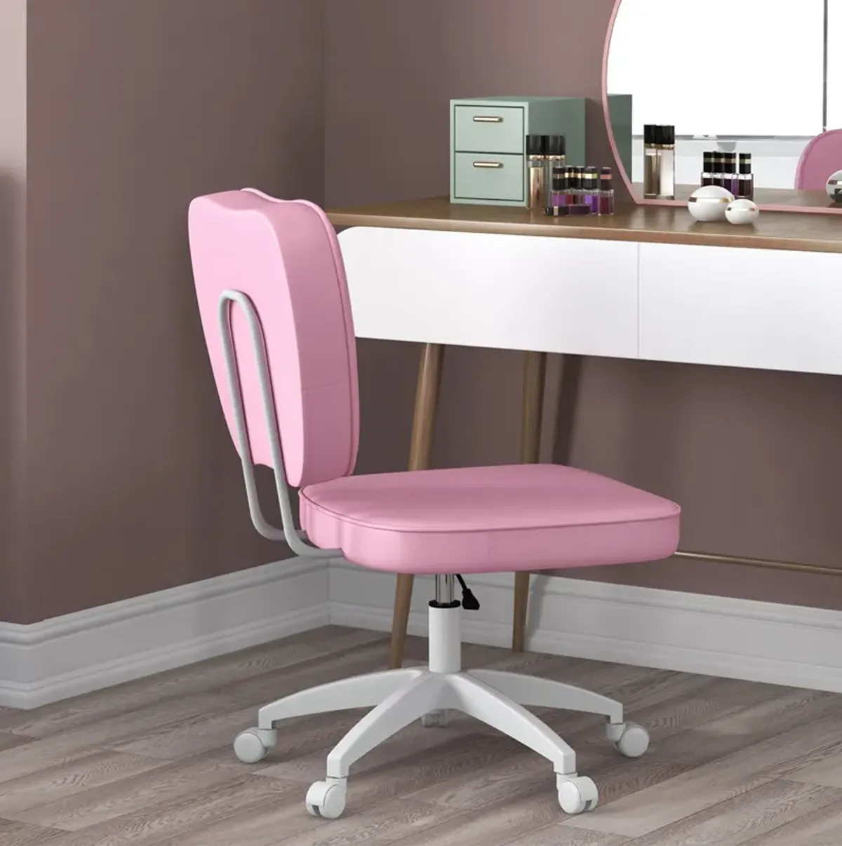 Vinsetto Cute Armless Office Chair, Small PU Leather Computer Desk Chair, Vanity Task Chair with Adjustable Height, Swivel Wheels, Mid Back, Pink