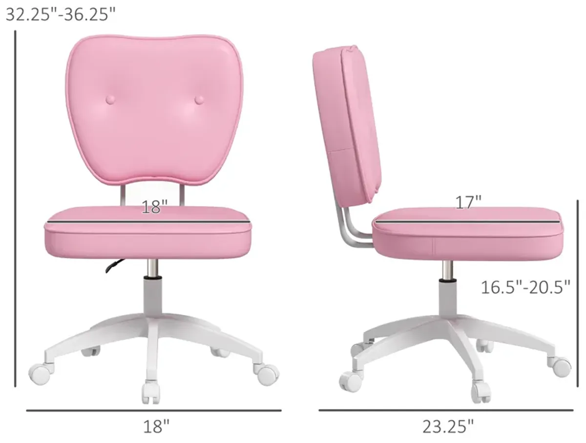 Vinsetto Cute Armless Office Chair, Small PU Leather Computer Desk Chair, Vanity Task Chair with Adjustable Height, Swivel Wheels, Mid Back, Pink