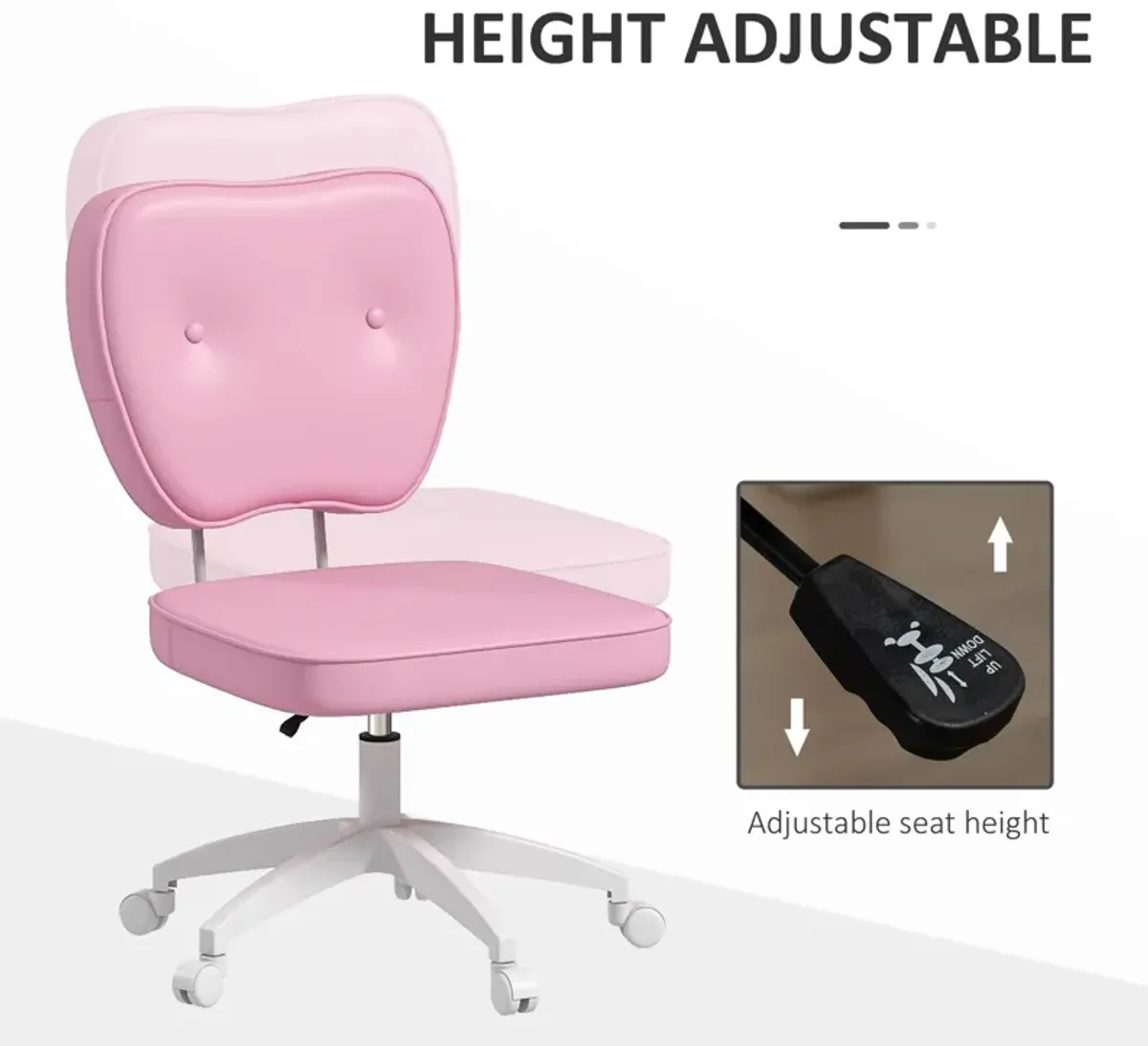 Vinsetto Cute Armless Office Chair, Small PU Leather Computer Desk Chair, Vanity Task Chair with Adjustable Height, Swivel Wheels, Mid Back, Pink