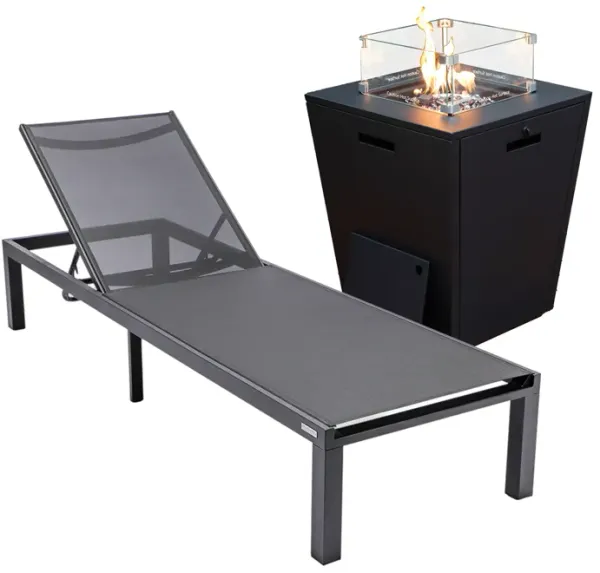 LeisureMod Marlin Modern Black Aluminum Outdoor Patio Chaise Lounge Chair in Black Frame with Square Fire Pit Side Table