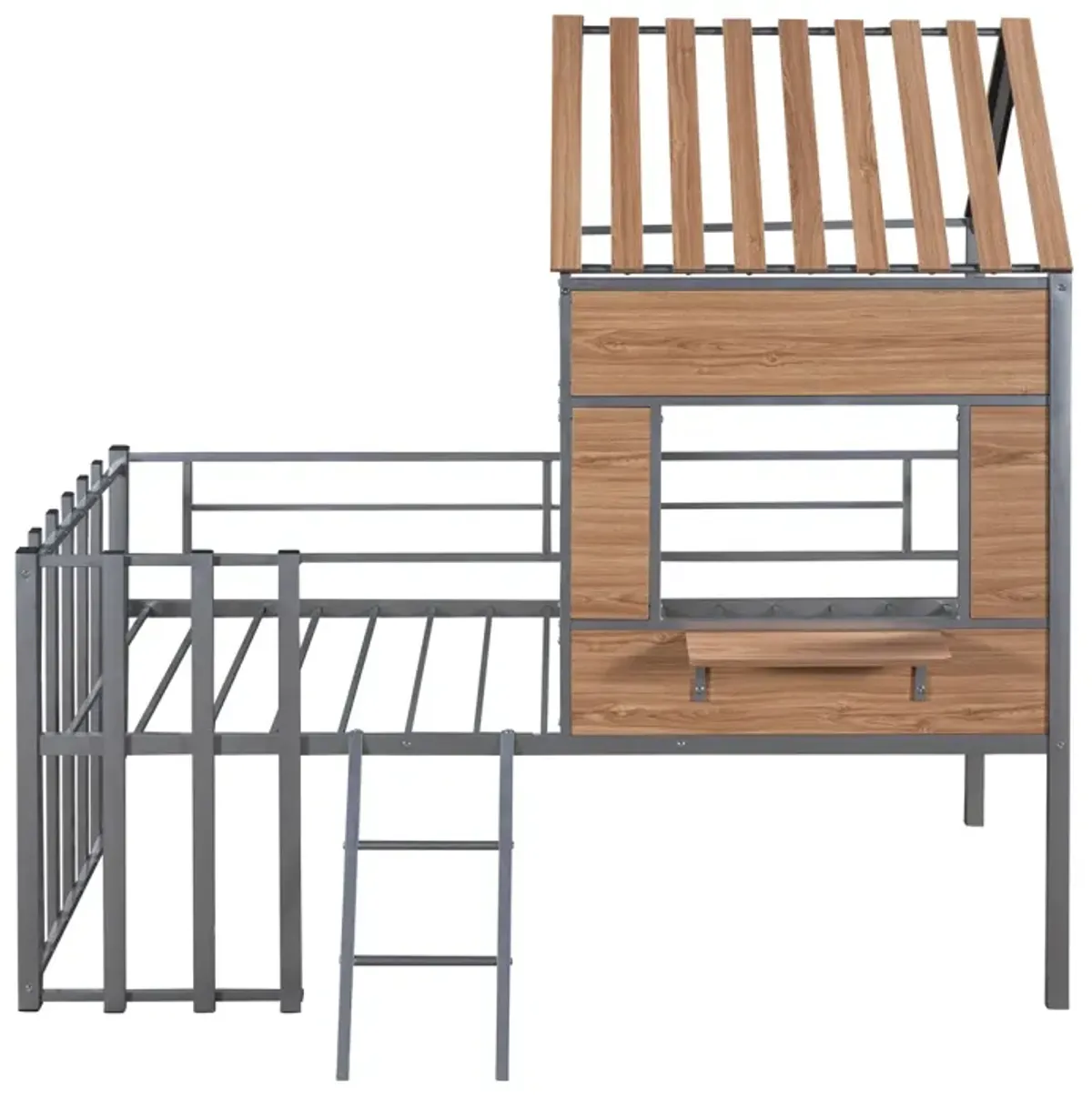 Metal Twin Size Loft Bed With Roof, Window, Guardrail, Ladder Silver