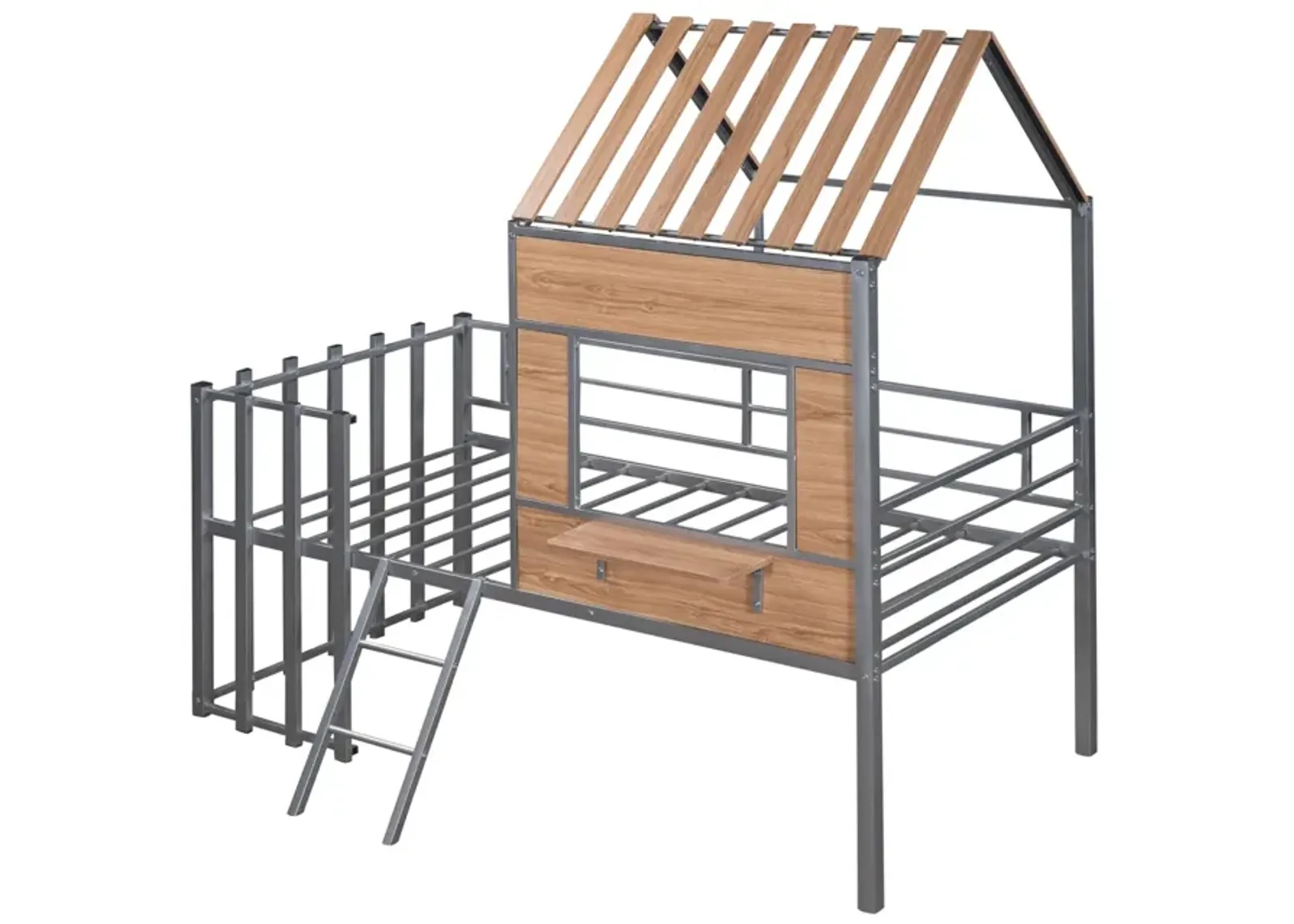 Metal Twin Size Loft Bed With Roof, Window, Guardrail, Ladder Silver