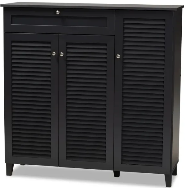 Baxton Studio Coolidge Dark Grey Finished 11 Shelf Wood Shoe Storage Cabinet With Drawer