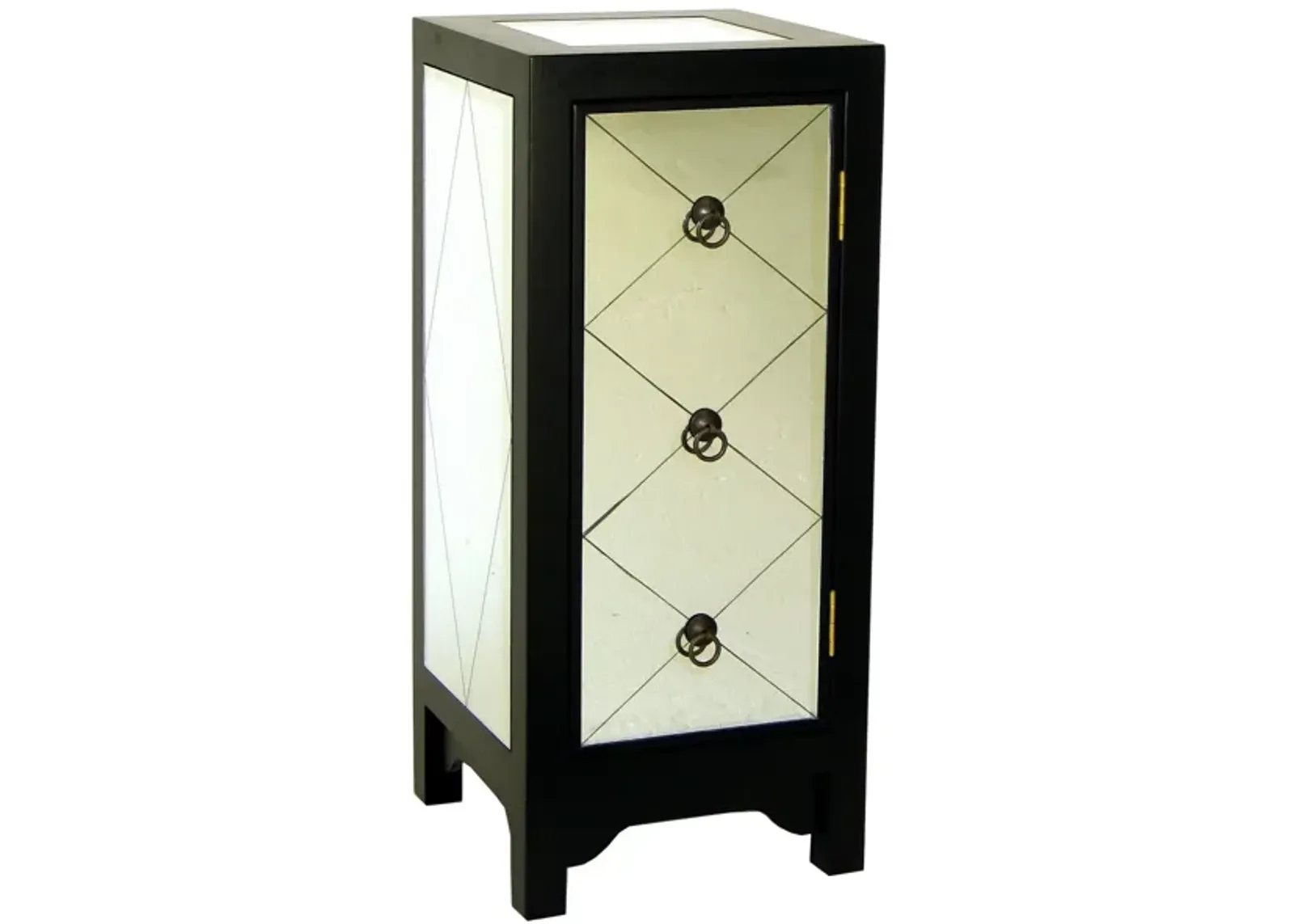 34 Inch Wood and Mirror Storage Chest with 1 Door, Black-Benzara